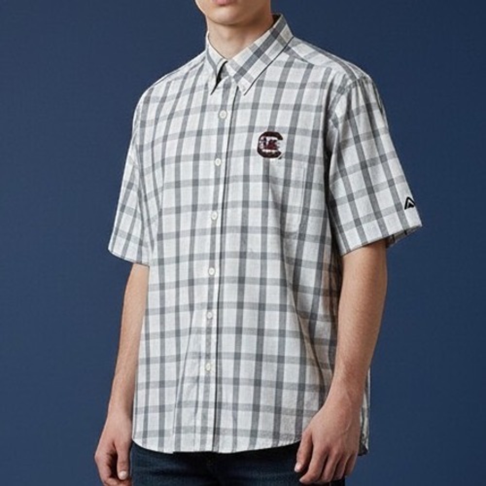 Antigua South Carolina Gamecocks Shirt Mens Large Grey Plaid Short Sleeve Button